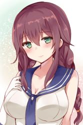 Rule 34 | 10s, 1girl, bad id, bad twitter id, bare shoulders, blush, braid, breasts, brown hair, chiune (yachi), cleavage, commentary request, gloves, green eyes, hand on own chest, kantai collection, large breasts, long hair, looking at viewer, noshiro (kancolle), sailor collar, solo, twin braids, upper body