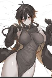 Rule 34 | 1girl, antenna hair, bare shoulders, black coat, black gloves, black hair, blush, breasts, brown coat, brown eyes, brown hair, china dress, chinese clothes, coat, commentary request, covered collarbone, covered navel, dress, genderswap, genderswap (mtf), genshin impact, gloves, gradient hair, grey dress, hair between eyes, hands up, highres, large breasts, long hair, long sleeves, looking to the side, lying, mandarin collar, multicolored hair, mup534, no panties, on back, open clothes, open coat, ponytail, sidelocks, sleeveless, sleeveless dress, solo, teeth, thighs, two-sided coat, two-sided fabric, wide sleeves, zhongli (genshin impact)