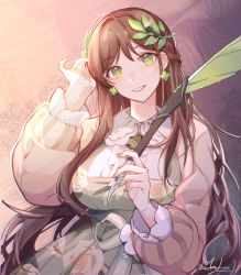 Rule 34 | 1girl, absurdres, black survival, breasts, brown hair, clover, dress, earrings, eternal return: black survival, floral print, four-leaf clover, green dress, green eyes, gweon sua, hair ornament, hand in own hair, highres, jewelry, large breasts, leaf hair ornament, long hair, looking at viewer, quill, signature, smile, solo, symbol-shaped pupils, tianqing mw, upper body
