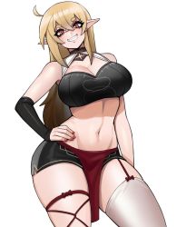 Rule 34 | 1girl, asymmetrical legwear, blonde hair, breasts, cleavage, cosplay, cowboy shot, donburi (donburikazoku), gradient hair, hand on own hip, highres, large breasts, long hair, looking at viewer, midriff, multicolored hair, nail polish, navel, original, parted lips, pointy ears, rebby (mr december206), red eyes, red nails, second-party source, shadow, simple background, single thighhigh, smile, solo, thighhighs, uneven legwear, white background