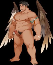 Rule 34 | 1boy, animal skull, another eidos-r, bara, black hair, blush, brown wings, censored, completely nude, dark-skinned male, dark skin, erection, facial mark, full body, highres, jewelry, kuro nezumi inu, large pectorals, long sideburns, looking at viewer, male focus, male pubic hair, mosaic censoring, muscular, muscular male, native american, necklace, non-web source, nude, official art, pants, pectorals, pubic hair, short hair, siddeley (another eidos), sideburns, solo, sweatdrop, thick eyebrows, transparent background, tribal, wings
