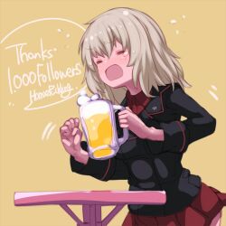 Rule 34 | 1girl, alcohol, artist name, beer, beer mug, black jacket, blue eyes, brown background, clenched hand, closed eyes, commentary request, cup, dress shirt, english text, frown, girls und panzer, grey hair, holding, holding cup, itsumi erika, jacket, kuromorimine military uniform, long sleeves, medium hair, milestone celebration, military uniform, miniskirt, motion lines, mug, open mouth, pleated skirt, puddinghomhom, red shirt, red skirt, shirt, skirt, solo, standing, table, tearing up, thank you, uniform, wing collar