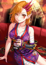 Rule 34 | 1girl, bare shoulders, blush, breasts, cleavage, collarbone, commentary request, couch, cup, highres, holding, holding cup, horns, indie virtual youtuber, japanese clothes, kimono, large breasts, looking at viewer, medium hair, nail polish, oni, orange eyes, orange hair, parted lips, pointy ears, purple nails, sakiyamama, sitting, smile, virtual youtuber