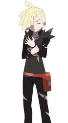 Rule 34 | 1boy, ahoge, asatsuki (fgfff), bag, black pants, blonde hair, closed eyes, closed mouth, collarbone, commentary request, creatures (company), ear piercing, fanny pack, frown, game freak, gladion (pokemon), hair over one eye, hand on own wrist, highres, hood, hood down, hoodie, long sleeves, male focus, nintendo, orange bag, pants, piercing, pokemon, pokemon sm, solo, standing, torn clothes, torn hoodie, torn pants, transparent background