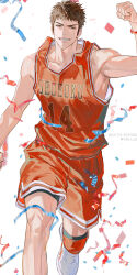 Rule 34 | 14ho sd, 1boy, arm up, basketball jersey, basketball uniform, black eyes, black hair, confetti, cowboy shot, highres, male focus, mitsui hisashi, red shorts, red tank top, running, scar, scar on chin, scar on face, short hair, shorts, simple background, slam dunk (series), smile, solo, sportswear, tank top, white background