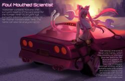 Rule 34 | 1girl, absurdres, against vehicle, animal ears, backlighting, bangle, bell, belt, blazblue, bracelet, breasts, candy, capri pants, car, cat ears, cat tail, chevrolet corvette, commentary, commission, crop top, dudeunderscore, english commentary, english text, extra ears, food, full body, glasses, highleg, highleg panties, highres, jewelry, jingle bell, kokonoe (blazblue), lollipop, long hair, looking at viewer, loose belt, lowleg, lowleg pants, midriff, motor vehicle, multiple tails, navel, oversized object, panties, pants, pince-nez, pink hair, ponytail, red pants, shoes, sidelocks, small breasts, sneakers, solo, sunset, tail, toned, turtleneck, two side up, underwear, vehicle focus, very long hair, wrench, yellow eyes
