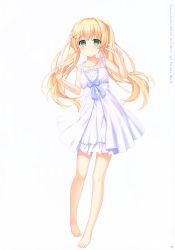 Rule 34 | 1girl, absurdres, barefoot, blonde hair, blush, closed mouth, collarbone, copyright name, dress, floating hair, full body, green eyes, hair between eyes, hair ornament, highres, long hair, looking at viewer, nagayama yuunon, official art, page number, short dress, simple background, sleeveless, sleeveless dress, smile, solo, standing, summer pockets, sundress, tsumugi wenders, twintails, very long hair, white background, white dress, x hair ornament