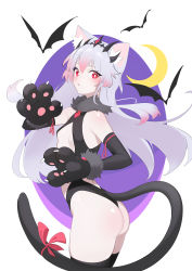 Rule 34 | 1girl, absurdres, animal ears, animal hands, ass, bat (animal), black leotard, black thighhighs, blush, breasts, cat ears, closed mouth, diamond-shaped pupils, diamond (shape), elbow gloves, from side, gloves, gradient hair, grey hair, hairband, highres, leotard, long hair, looking at viewer, looking back, looking to the side, milim nova, multicolored hair, original, paw gloves, pink hair, red eyes, ribbon, small breasts, solo, symbol-shaped pupils, tail, tail ornament, tail ribbon, thighhighs, underboob