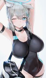 Rule 34 | 1girl, absurdres, animal ear fluff, animal ears, armpits, arms up, bag, black choker, black one-piece swimsuit, blue archive, blue eyes, blue halo, blush, breasts, choker, closed mouth, competition swimsuit, covered navel, cowboy shot, cross hair ornament, extra ears, grey background, grey hair, hair ornament, halo, highres, kazane-wind, large breasts, looking at viewer, medium hair, one-piece swimsuit, one eye closed, shiroko (blue archive), shiroko (swimsuit) (blue archive), simple background, solo, swimsuit, thigh strap, wolf ears
