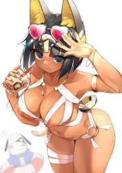 Rule 34 | 1girl, :t, absurdres, animal crossing, animal ears, ankha (animal crossing), bandages, black eyes, black hair, bob cut, breasts, bubble tea, cat ears, cat girl, cleavage, closed mouth, collarbone, cup, dark-skinned female, dark skin, eyewear on head, furry, furry female, hand up, heart, heart-shaped eyewear, highres, holding, holding cup, humanization, jewelry, jovejun, large breasts, navel, navel piercing, nintendo, nipples, personification, piercing, ring, short hair, simple background, solo, sunglasses, tan, white background