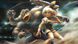 Rule 34 | 1girl, abs, absurdres, bea (pokemon), black gloves, black ribbon, blue eyes, blurry, blurry background, bodysuit, bodysuit under clothes, breasts, closed mouth, covered navel, creatures (company), crop top, dark-skinned female, dark skin, dust cloud, extra arms, feet out of frame, fighting stance, floating hair, frown, game freak, gen 1 pokemon, gloves, grey hair, gym leader, hair between eyes, hair ribbon, hairband, highres, indoors, machamp, nintendo, partially fingerless gloves, poke ball symbol, pokemon, pokemon (creature), pokemon swsh, polo shirt, ribbon, shirt, short hair, short sleeves, shorts, sideways glance, single glove, small breasts, squatting, t@kuyoa, tied shirt, wristband