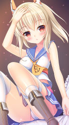 Rule 34 | 1girl, animal ears, arm up, asymmetrical legwear, ayanami (azur lane), azur lane, bad id, bad pixiv id, bare arms, bare shoulders, blue skirt, blush, boots, breasts, brown eyes, brown footwear, cameltoe, chestnut mouth, collarbone, commentary request, crop top, hair between eyes, hand on own head, head tilt, high ponytail, highres, large breasts, light brown hair, long hair, looking at viewer, panties, parted lips, pleated skirt, ponytail, school uniform, serafuku, shirt, sidelocks, single sock, single thighhigh, sitting, skirt, sleeveless, sleeveless shirt, socks, solo, thighhighs, thighs, umitonakai, underwear, uneven legwear, white panties, white shirt, white socks