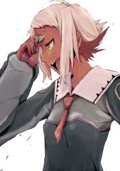 Rule 34 | 00s, 1girl, ahoge, arm up, bad id, bad pixiv id, dark skin, dark-skinned female, face, freckles, ito to yuki, lal&#039;c mellk mal, necktie, open mouth, short hair, solo, top wo nerae 2!, white hair, yellow eyes