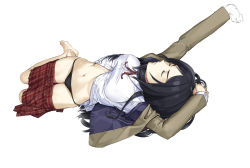 Rule 34 | 10s, 1girl, arms up, bad id, bad pixiv id, barefoot, black hair, blazer, breasts, clothes pull, eyelashes, closed eyes, full body, highres, jacket, kurihara mari (prison school), long hair, long sleeves, lying, medium breasts, miniskirt, nakabayashi reimei, navel, neck ribbon, on back, open jacket, open clothes, open jacket, plaid, plaid skirt, pleated skirt, prison school, red ribbon, red skirt, ribbon, ribs, school uniform, shirt, simple background, sketch, skirt, skirt pull, soles, solo, stomach, unbuttoned, unbuttoned shirt, white background, white shirt