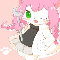 Rule 34 | 1girl, animal ears, artist request, cat busters, cat ears, cat tail, female focus, furry, furry female, green eyes, long hair, neko hakase (cat busters), no humans, one eye closed, solo, tail, twintails