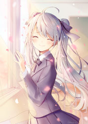 Rule 34 | 1girl, ^ ^, ahoge, aqua hair, blazer, blurry, blurry background, blush, cherry blossoms, classroom, closed eyes, commentary request, crying, curtains, hair ribbon, hatsune miku, hazuki natsu, highres, indoors, jacket, long hair, looking at viewer, miniskirt, neck ribbon, paid reward available, petals, pleated skirt, ribbon, sakura no ame (vocaloid), skirt, smile, solo, sparkle, twintails, twitter username, vocaloid, window