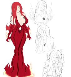 Rule 34 | 00s, 1girl, astaroth (taimanin asagi), bare shoulders, breasts, character design, character sheet, cleavage, concept art, dress, female focus, fire, full body, heart, heart-shaped pupils, highres, large breasts, long hair, looking at viewer, naughty face, potion (moudamepo), red hair, saliva, shiny skin, sideboob, sketch, symbol-shaped pupils, taimanin (series), taimanin asagi, taimanin asagi kessen arena, tattoo, tongue, tongue out, yellow eyes