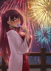 Rule 34 | 1girl, absurdres, blush, closed mouth, crossed arms, fireworks, girls&#039; frontline, hair ornament, hairclip, hand up, highres, huge filesize, japanese clothes, kimono, long hair, looking at viewer, purple hair, red eyes, solo, standing, stigmamyu, wa2000 (girls&#039; frontline)
