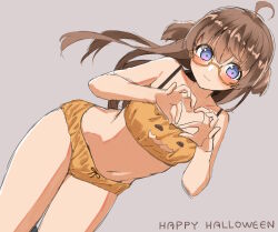 Rule 34 | 1girl, ahoge, amemiya sekira, bare arms, bare shoulders, blush, bow, bow panties, bra, breasts, brown bra, brown hair, brown panties, cleavage, cleavage cutout, closed mouth, clothing cutout, collarbone, commentary, glasses, grey background, happy halloween, heart, heart hands, highres, long hair, navel, orange-framed eyewear, original, panties, purple eyes, sekira ame, semi-rimless eyewear, simple background, small breasts, solo, symbol-only commentary, two side up, under-rim eyewear, underwear, underwear only, very long hair
