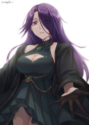 Rule 34 | 1girl, absurdres, aurora (kage no jitsuryokusha ni naritakute!), black dress, black gloves, breasts, cleavage cutout, clothing cutout, commentary request, dress, eyes visible through hair, gloves, hair over one eye, highres, jewelry, kage no jitsuryokusha ni naritakute!, large breasts, lips, long hair, long sleeves, looking at viewer, mole, mole under mouth, necklace, pink lips, purple eyes, purple hair, reaching, reaching towards viewer, senegalus c, simple background, solo, twitter username, white background