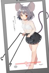Rule 34 | 1girl, ahoge, animal ears, black skirt, blush, bob cut, breasts, cellphone, collared shirt, commentary, dowsing rod, full body, grey hair, highres, holding, light frown, long sleeves, looking at viewer, mamemochi, miniskirt, mouse ears, mouse girl, mouse tail, nazrin, open mouth, phone, fake phone screenshot, red eyes, see-through, shirt, short hair, skirt, small breasts, smartphone, solo, sports bra, standing, tail, touhou, translated, white shirt, white sports bra