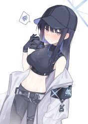 Rule 34 | 1girl, armband, belt, black gloves, black hair, black hat, black mask, black pants, blue archive, blue hair, blush, breasts, coat, commentary, crop top, fataaa, gloves, halo, hat, highres, holding, holding mask, long hair, looking at viewer, mask, medium breasts, midriff, multicolored hair, open clothes, open coat, open mouth, pants, purple eyes, saori (blue archive), simple background, solo, spoken squiggle, squiggle, sweat, white background