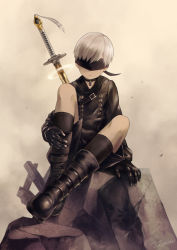 Rule 34 | 1boy, black gloves, blindfold, boots, choker, double-breasted, gloves, long sleeves, male focus, nier (series), nier:automata, noeyebrow (mauve), shorts, silver hair, sitting, socks, solo, sword, weapon, 9s (nier:automata)