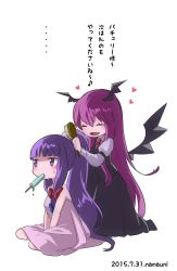 Rule 34 | 2girls, :d, ^ ^, alternate costume, alternate hairstyle, artist name, bat wings, blunt bangs, blush, brush, closed eyes, dated, dress, eyelashes, food, food in mouth, hairdressing, happy, head wings, heart, highres, kneeling, koakuma, long hair, long sleeves, looking away, low wings, mouth hold, multiple girls, musical note, namauni, necktie, open mouth, patchouli knowledge, ponytail, popsicle, puffy sleeves, purple eyes, purple hair, quaver, red hair, simple background, sitting, sleeveless, smile, sweat, text focus, touhou, translated, very long hair, white background, wings