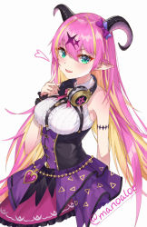 Rule 34 | 1girl, absurdres, asymmetrical horns, blonde hair, bsmycc, chest harness, colored inner hair, curled horns, demon horns, green eyes, harness, headphones, headphones around neck, highres, hololive, horns, looking at viewer, mano aloe, multicolored hair, pink hair, pointy ears, smile, solo, two-tone hair, uneven horns, virtual youtuber
