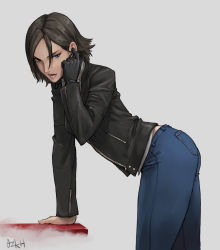 Rule 34 | 1girl, arched back, ass, black hair, blue eyes, commentary, denim, gloves, grey background, jacket, jeans, julie kidman, leather, leather jacket, ozkh, pants, parted lips, short hair, signature, simple background, solo, the evil within, thighs