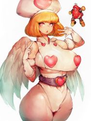 Rule 34 | 1girl, bare shoulders, belt, breasts, cameltoe, character request, curvy, fumio (rsqkr), gloves, heart, highres, huge breasts, large breasts, looking at viewer, orange hair, parted lips, red eyes, robot, short hair, simple background, thick thighs, thighhighs, thighs, white background, white gloves, wide hips, wings
