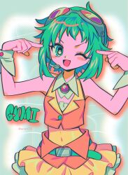 Rule 34 | 1girl, belt, blush stickers, brooch, character name, covered navel, detached collar, eyelashes, fingernails, goggles, goggles on head, green belt, green eyes, green hair, gumi, headset, highres, jewelry, menma (enaic31), one eye closed, open mouth, pointing, pointing at self, shirt, short hair, skirt, solo, vocaloid, wrist cuffs, yellow shirt, yellow skirt