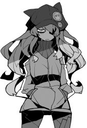Rule 34 | 1girl, animal hat, badge, bags under eyes, button badge, cabbie hat, cowboy shot, dowman sayman, evangelion: 3.0 you can (not) redo, eyepatch, frown, greyscale, hands in pockets, hat, highres, jacket, long hair, long sleeves, looking at viewer, monochrome, neon genesis evangelion, plugsuit, rebuild of evangelion, simple background, skull print, solo, souryuu asuka langley, white background
