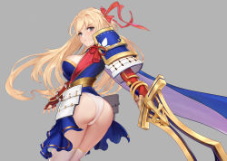 Rule 34 | 1girl, armor, ass, blonde hair, blue cape, blue eyes, blue skirt, blush, bracelet, breasts, cape, cowboy shot, fingerless gloves, frown, gloves, grey background, hair intakes, hair ribbon, highres, holding, holding sword, holding weapon, japanese armor, jewelry, kote, kusazuri, large breasts, lize cai, long hair, looking at viewer, looking back, original, panties, red gloves, red ribbon, revealing clothes, ribbon, sash, shoulder armor, simple background, skirt, skirt set, sode, solo, sword, tassel, two-sided cape, two-sided fabric, underwear, weapon, white legwear, white panties
