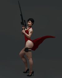 Rule 34 | 1girl, ada wong, ada wong (cosplay), ass, black hair, capcom, cosplay, grey background, gun, highres, holding, holding weapon, huge ass, japanese (nationality), looking at viewer, model, muscular, muscular female, photo (medium), real life, red robe, resident evil, resident evil 2, rifle, robe, scope, short hair, simple background, sniper rifle, suppressor, thick thighs, thighs, weapon, yuan herong