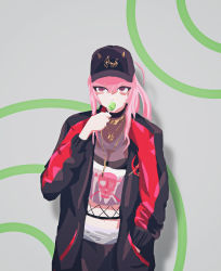 Rule 34 | 1girl, absurdres, black jacket, breasts, candy, casual, coat, death (entity), food, grim reaper, hat, highres, holding, hololive, hololive english, jacket, jewelry, lollipop, long hair, long sleeves, mori calliope, mori calliope (streetwear), official alternate costume, open clothes, open jacket, pink eyes, pink hair, ponytail, shirt, simple background, skeleton, skull, solo, virtual youtuber