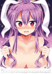 Rule 34 | 1girl, animal ears, blush, breasts, collarbone, commentary request, completely nude, gradient background, hair between eyes, hair censor, holding, holding own hair, large breasts, long hair, looking at viewer, maturiuta sorato, nipples, nude, open mouth, parted lips, purple background, purple hair, rabbit ears, red eyes, reisen udongein inaba, sidelocks, solo, star (symbol), touhou, upper body, wavy hair