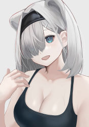 Rule 34 | 1girl, absurdres, animal ears, arknights, aurora (arknights), bare shoulders, bear ears, bear girl, black hairband, black tank top, blue eyes, breasts, cleavage, extra ears, grey background, grey hair, hair over one eye, hairband, hand up, highres, large breasts, looking at viewer, one eye covered, open mouth, samidareame, simple background, solo, tank top