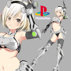 Rule 34 | 1girl, armpits, bad id, bad pixiv id, bare shoulders, black panties, blonde hair, commentary request, fingerless gloves, formal, game console, gibun (sozoshu), gloves, green eyes, grey gloves, grey thighhighs, holdign gun, multiple views, navel, panties, personification, playstation symbols, product girl, revealing clothes, simple background, smile, standing, stomach, suit, tachi-e, tagme, thighhighs, underwear