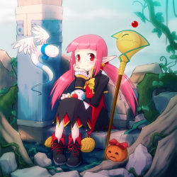 Rule 34 | 00s, 1girl, dungeon and fighter, fang, female focus, hand on own cheek, hand on own face, head rest, ixia, jack-o&#039;-lantern, mage (dungeon and fighter), neople, pink hair, pointy ears, pumpkin, red eyes, ribbon, sitting, smile, solo, staff, twintails, yoshi (crossmind)