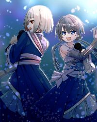 Rule 34 | 2girls, blue background, blue dress, blue eyes, bob cut, collarbone, colored inner hair, commentary request, diagonal bangs, dollchestra, dress, elbow gloves, gloves, grey gloves, grey hair, highres, holding, holding microphone, inverted bob, japanese clothes, kanduki kamibukuro, link! like! love live!, long hair, looking at viewer, looking back, looking to the side, love live!, low twintails, microphone, mole, mole on neck, multicolored hair, multiple girls, murano sayaka, open mouth, outline, pleated dress, red eyes, red hair, scapegoat (love live!), short hair, sideways glance, sideways mouth, single-shoulder dress, single elbow glove, twintails, v-shaped eyebrows, virtual youtuber, white outline, yugiri tsuzuri