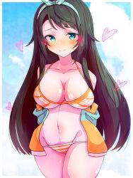 Rule 34 | 1girl, arms behind back, bikini, blue eyes, blue hairband, blue sky, blush, breasts, brown hair, cleavage, cloud, green jacket, hairband, halterneck, heart, highres, hololive, jacket, large breasts, looking at viewer, multicolored clothes, multicolored jacket, navel, oozora subaru, oozora subaru (hololive summer 2019), polka dot hairband, qwq oekaki, sky, smile, striped bikini, striped clothes, swept bangs, swimsuit, two-tone jacket, virtual youtuber, yellow bikini, yellow jacket