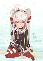 Rule 34 | 1girl, alakoala, amatsukaze (kancolle), artist name, black dress, blush, closed mouth, commentary request, confetti, dated, dress, gloves, grey hair, grey neckerchief, hair ornament, highres, kantai collection, long hair, long sleeves, looking at viewer, neckerchief, red thighhighs, sailor collar, sailor dress, sitting, smile, solo, striped clothes, striped thighhighs, thighhighs, two side up, white gloves, white sailor collar, yellow eyes