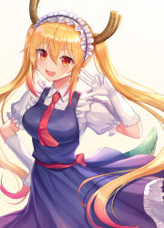 Rule 34 | 1girl, bad id, bad pixiv id, blonde hair, breasts, commentary, dragon girl, dragon horns, dragon tail, gloves, highres, horns, kobayashi-san chi no maidragon, long hair, looking at viewer, maid, maid headdress, medium breasts, open mouth, red eyes, seungju lee, slit pupils, smile, solo, tail, tohru (maidragon), twintails, white gloves
