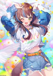 Rule 34 | 1girl, animal ears, arms up, balloon, bead necklace, beads, belt, bird, blue hair, blue shirt, blurry, blurry background, blurry foreground, breasts, brown hair, cowboy shot, crop top, crop top overhang, cutoffs, daitaku helios (umamusume), denim, denim shorts, ear covers, fang, gogat8, green eyes, highres, horse ears, horse girl, horse tail, jewelry, long hair, looking at viewer, multicolored hair, multicolored nails, navel, necklace, one eye closed, open mouth, shirt, shirt under shirt, shorts, skin fang, small breasts, smile, solo, tail, twitter username, two-tone hair, umamusume, white shirt