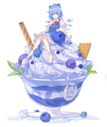 Rule 34 | 1girl, absurdres, barefoot, blue bow, blue bowtie, blue dress, blue eyes, blue hair, blue skirt, blueberry, bow, bowtie, character name, cirno, dress, fairy wings, food, fruit, hair ornament, highres, ice, ice cream, ice wings, leaf, looking at viewer, no shoes, no socks, puffy sleeves, red bow, red bowtie, short hair, short sleeves, simple background, skirt, smile, solo, sundae, touhou, waffle, white background, wings