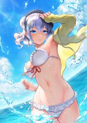 Rule 34 | 1girl, alternate costume, arm up, beret, bikini, black hat, blue eyes, breasts, closed mouth, commentary request, day, front-tie bikini top, front-tie top, grey hair, hat, highres, isasin929, jacket, kantai collection, kashima (kancolle), large breasts, long hair, looking at viewer, navel, open clothes, open jacket, outdoors, side-tie bikini bottom, smile, solo, splashing, stomach, sunlight, swimsuit, twintails, twisted torso, wavy hair, wet, white bikini, yellow jacket