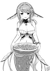 Rule 34 | 1girl, arm belt, bikini, blush, bracelet, breasts, choker, cleavage, cowboy shot, dot nose, duel1st dki, fins, greyscale, hair intakes, head fins, highres, holding pan, jewelry, large breasts, looking at viewer, magia record: mahou shoujo madoka magica gaiden, mahou shoujo madoka magica, mermaid, monochrome, monster girl, navel, roe, scales, sidelocks, signature, solo, starfish hair ornament, steam from mouth, suspicious egg dish, swept bangs, swimsuit, wheel necklace, white background, yakumo mitama, yakumo mitama (mermaid ver.)