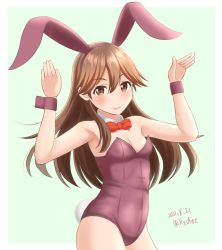 Rule 34 | 1girl, alternate costume, ame-san, animal ears, arashio (kancolle), bare legs, border, bow, bowtie, brown eyes, brown hair, covered navel, cowboy shot, dated, detached collar, fake animal ears, fake tail, gradient background, grey background, hair between eyes, highres, kantai collection, leotard, long hair, pink leotard, playboy bunny, rabbit ears, rabbit tail, side-tie leotard, solo, strapless, strapless leotard, tail, twitter username, white border, wrist cuffs