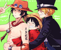 Rule 34 | 3boys, black hair, blonde hair, brothers, compass, green background, hat, hug, hug from behind, male focus, monkey d. luffy, multiple boys, one piece, portgas d. ace, sabo (one piece), short hair, siblings, simple background, smile, somemiya suzume, straw hat, tattoo, twitter username, upper body, v